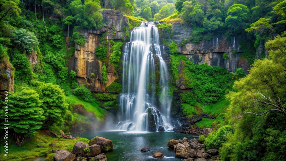 Obraz premium waterfall amidst lush greenery, cascading water falls from a height of rugged granite , water feature, green forest