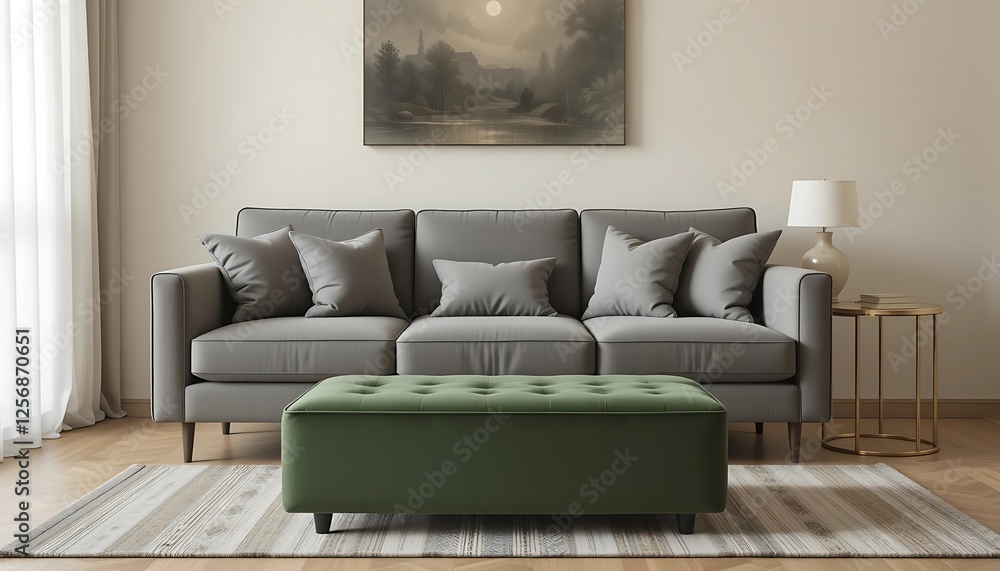 Modern living room interior design with gray sofa, green ottoman, and artwork