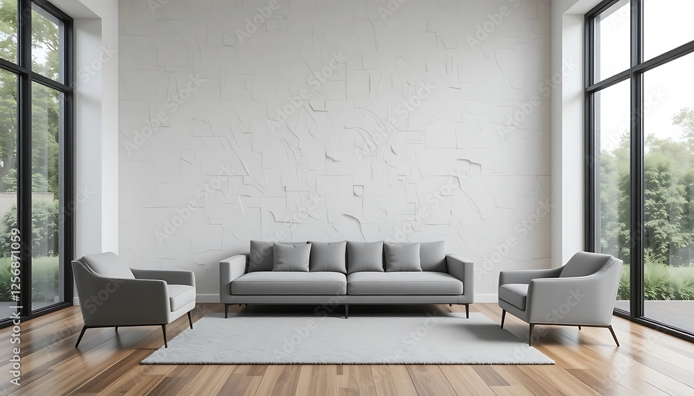 Modern minimalist living room interior design with gray sofa and armchairs, white textured wall, large windows
