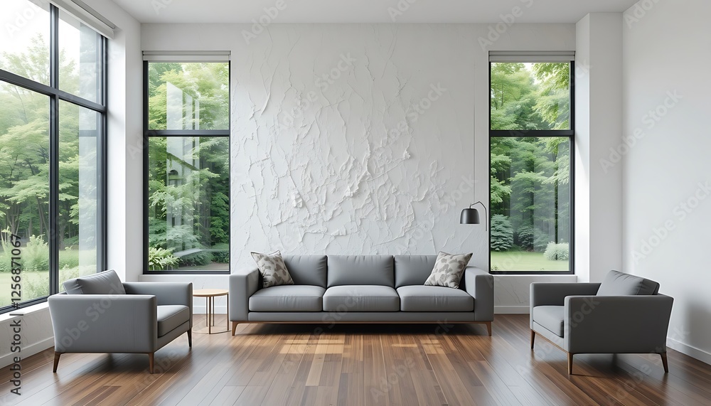 Modern Living Room Interior Design with Gray Sofa and Armchairs, Large Windows, and Textured Wall