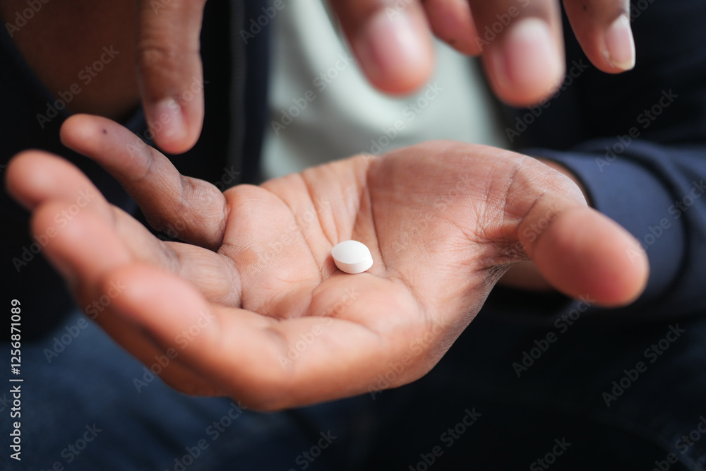 Individual holding a white pill in hand during a thoughtful moment