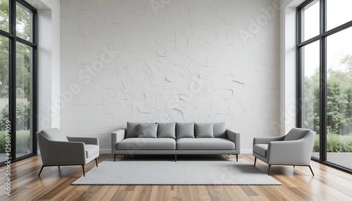 Modern minimalist living room interior design with gray sofa and armchairs, white textured wall, large windows