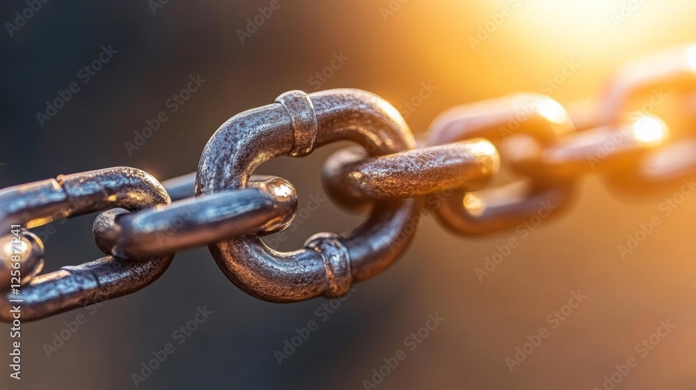 Obraz premium Close-up view of a metal chain link with sunlight in the background. Generative AI