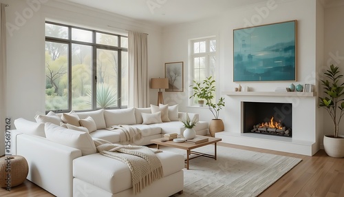 Modern White Sectional Sofa in Bright Living Room with Fireplace and Large Windows