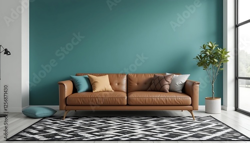 Modern living room interior design with teal wall, brown leather sofa, black and white rug, and potted plant