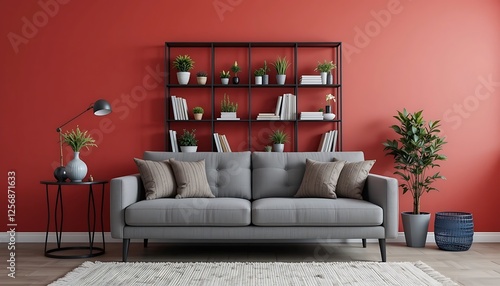 Modern Living Room Interior Design with Grey Sofa, Red Walls, and Stylish Black Shelving Unit