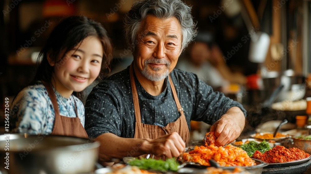 Smiling Chef and Granddaughter Preparing Traditional Dish in Kitchen. Generative AI Smiling Chef and Granddaughter Preparing Traditional Dish in Kitchen. Generative AI