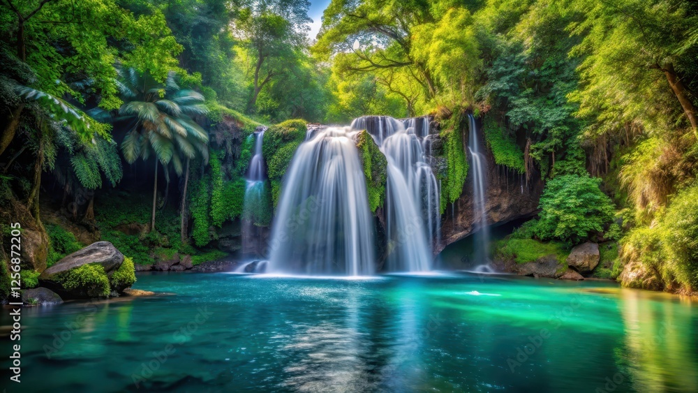 Dense foliage surrounds a serene waterfall cascading into a crystal-clear pool , waterfall, water, waterfall, water, landscape Dense foliage surrounds a serene waterfall cascading into a crystal-clear pool , waterfall, water, waterfall, water, landscape