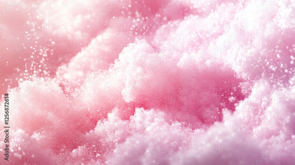 Fototapeta premium Abstract 3d candy fluffy texture with gradient cotton candy clouds in the sky. Fantasy pink cloud in sky pastel background. Fairy Paradise realistic soft cloudy sunset landscape.