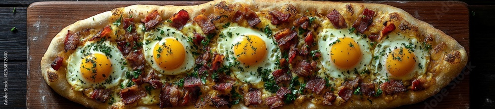 Breakfast Pizza with Bacon and Eggs on Wooden Plank. Generative AI Breakfast Pizza with Bacon and Eggs on Wooden Plank. Generative AI