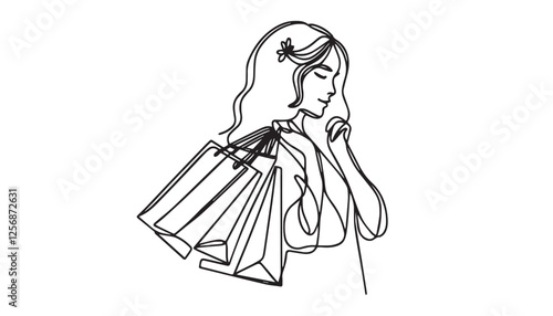Continuous one single minimal line drawing shopping