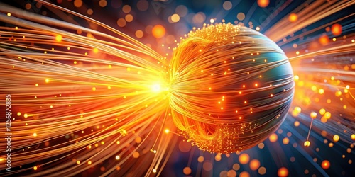 A vibrant orange particle suspended in mid-air, surrounded by swirling abstract shapes and colors, creates a mesmerizing optical fiber effect , abstract, colorful
