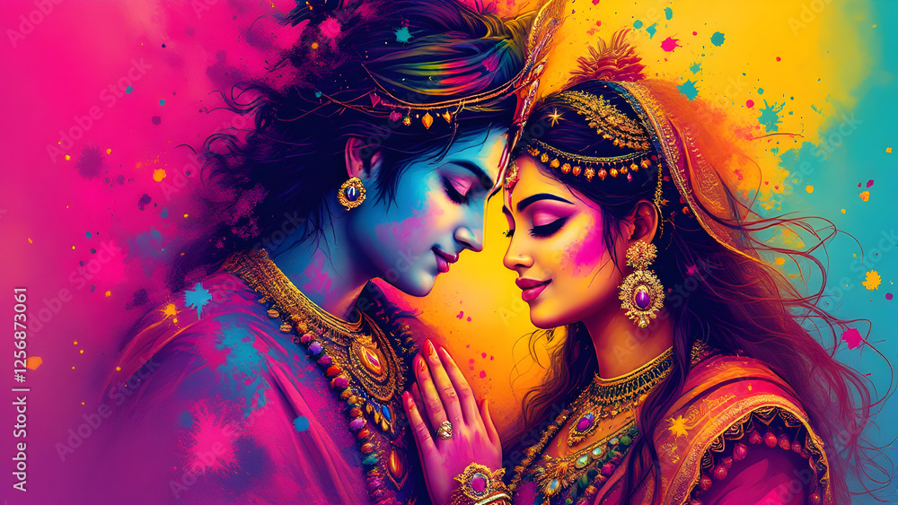 Obraz premium Lord krishna and goddess Radha playing Holi with colours, the festival of colours, hindu religious, holika dahan, Vrindavan.