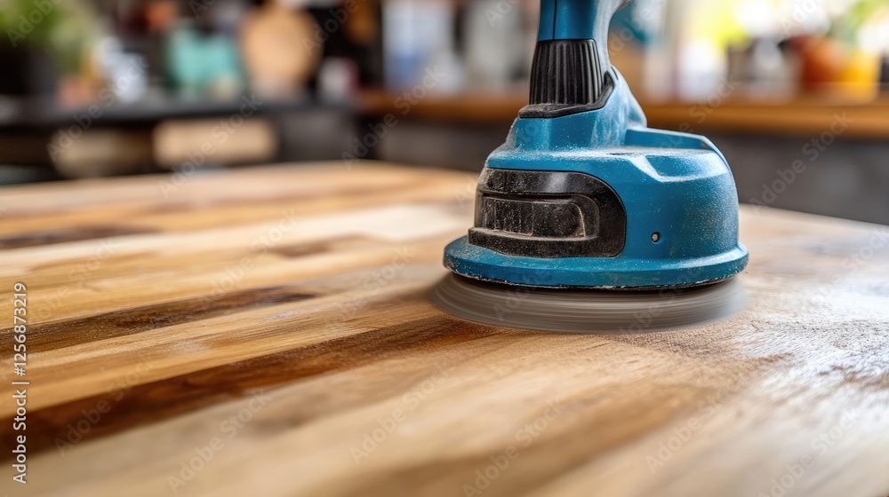 A close-up of a power sander working on a parquet surface. A close-up of a power sander working on a parquet surface.