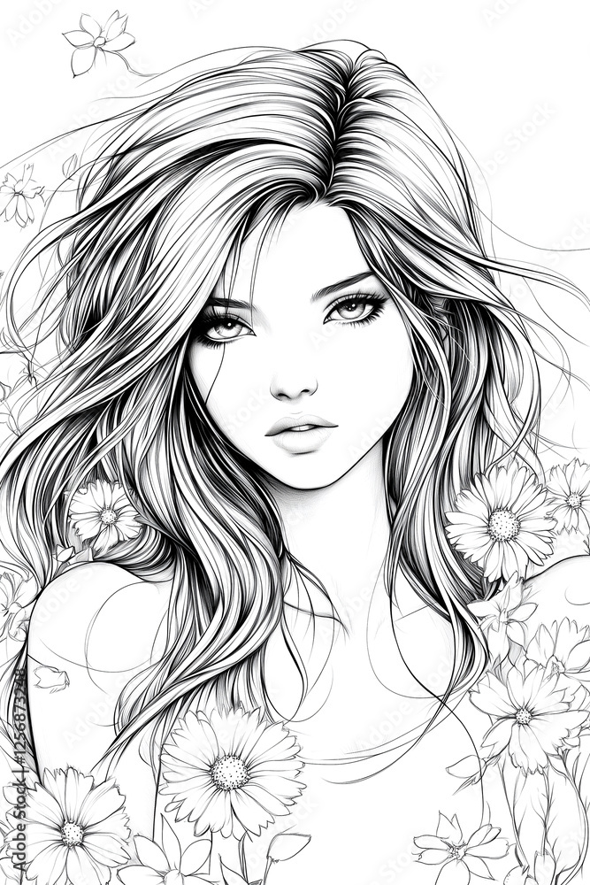A woman with long hair is sitting in a field of flowers. The flowers are in various colors and sizes, and they are scattered throughout the scene. The woman's hair is flowing in the wind A woman with long hair is sitting in a field of flowers. The flowers are in various colors and sizes, and they are scattered throughout the scene. The woman's hair is flowing in the wind