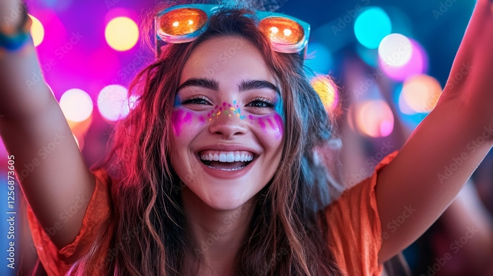 Joyful Girl with Colorful Face Paint and Neon Lights at a Festival. Generative AI Joyful Girl with Colorful Face Paint and Neon Lights at a Festival. Generative AI