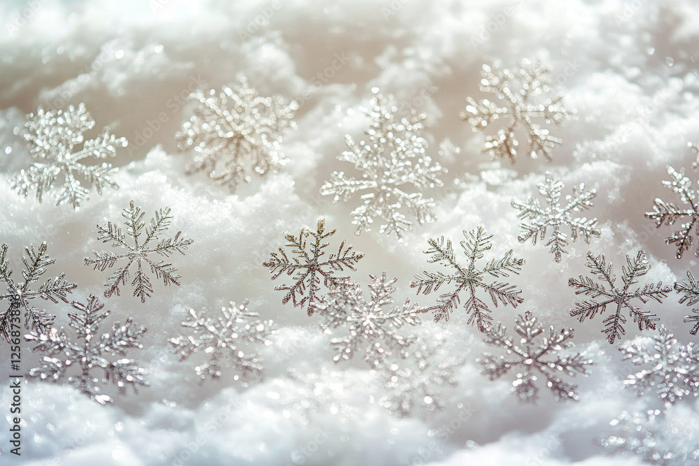 Glittering silver snowflake decorations on soft white fabric background Glittering silver snowflake decorations on soft white fabric background