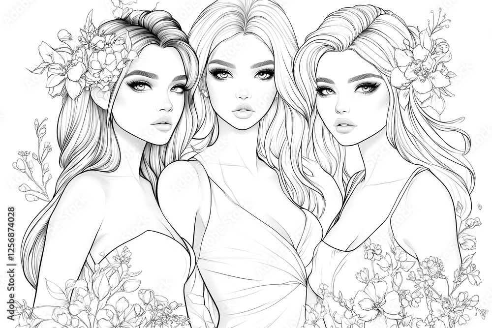 Fototapeta premium Three women with long hair and flowers in their hair. They are wearing dresses and are smiling. The image is of a drawing of three women