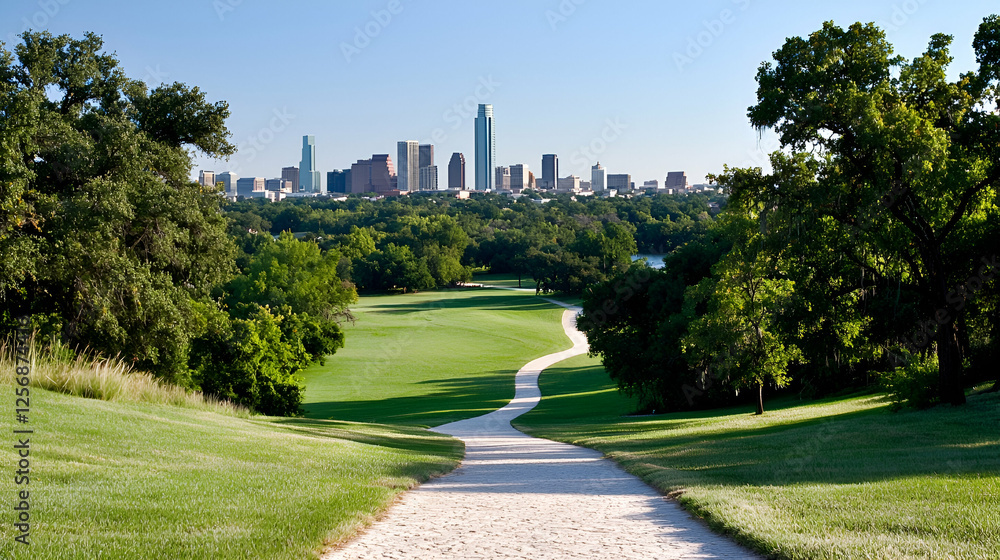 Fototapeta premium Golf course path with city skyline view