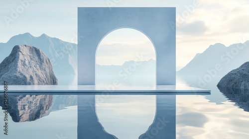3d rendering. Abstract surreal seascape background with rocky mountains and mirror arches. Panoramic spiritual wallpaper. Calm water, rectangular mirror. Futuristic minimalist wallpaper 