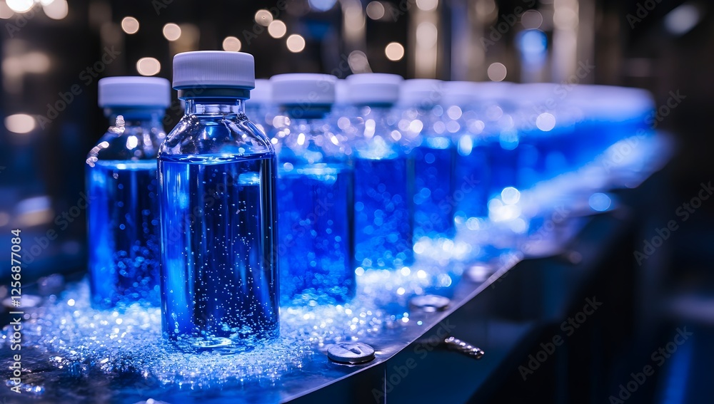 Automated Production Line for Bottled Blue Beverage, Ensuring Cold Temperature Maintenance Automated Production Line for Bottled Blue Beverage, Ensuring Cold Temperature Maintenance