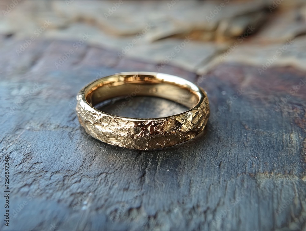 Gold ring on stone backdrop, showcasing detail for jewelry advertisement Gold ring on stone backdrop, showcasing detail for jewelry advertisement
