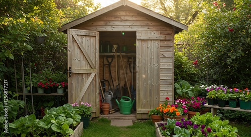 Fototapeta Naklejka Na Ścianę i Meble -  A small wooden shed stands among vegetable patches and potted plants, filled with gardening tools.