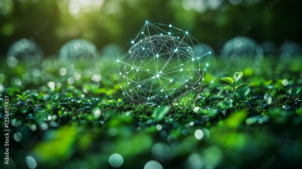 Abstract digital network over lush green plants with soft bokeh background. Generative AI Abstract digital network over lush green plants with soft bokeh background. Generative AI