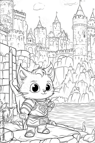 Create a series of black and white coloring book pages for kids featuring the adventures of animals in medieval cities Each page should depict a different scen photo