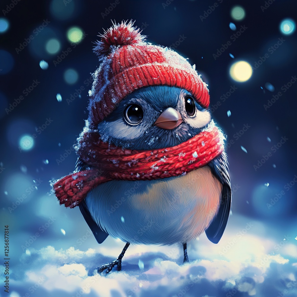 Adorable Bird in Winter Wonderland: Wearing Red Hat and Scarf, Playing in Snow, Delightful Scene. Adorable Bird in Winter Wonderland: Wearing Red Hat and Scarf, Playing in Snow, Delightful Scene.