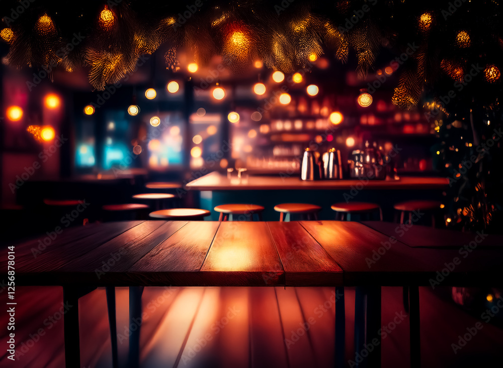 A warm and inviting ambiance fills this dimly lit interior. A wooden table is in focus, while the background subtly blurs, showcasing soft lights and bar shelves, creating a cozy atmosphere. A warm and inviting ambiance fills this dimly lit interior. A wooden table is in focus, while the background subtly blurs, showcasing soft lights and bar shelves, creating a cozy atmosphere.