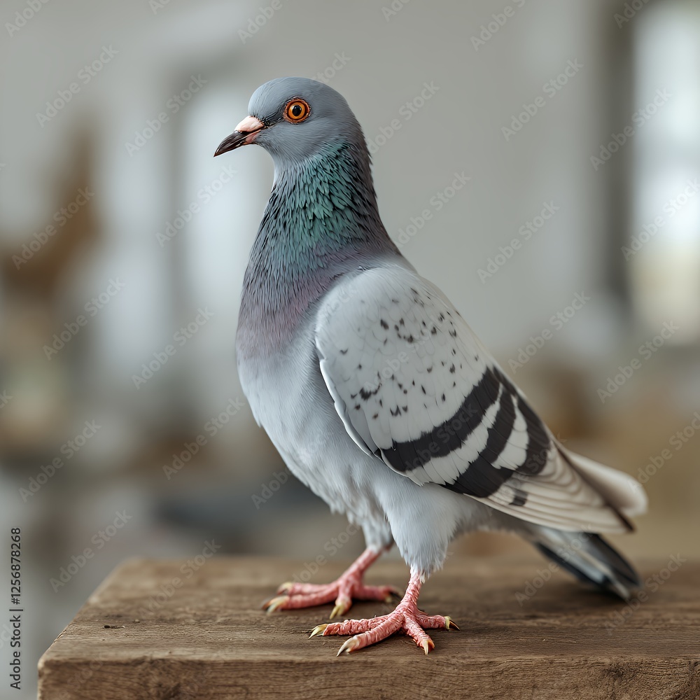 Fototapeta premium Detailed Close Up of a Plastic Shiny Pigeon in Pastel Color with a Studio Focused Style Standing Gray, Detailed Pigeon on a Wooden Plank in a Blurred Background. This Photo Features a Plastic Shiny
