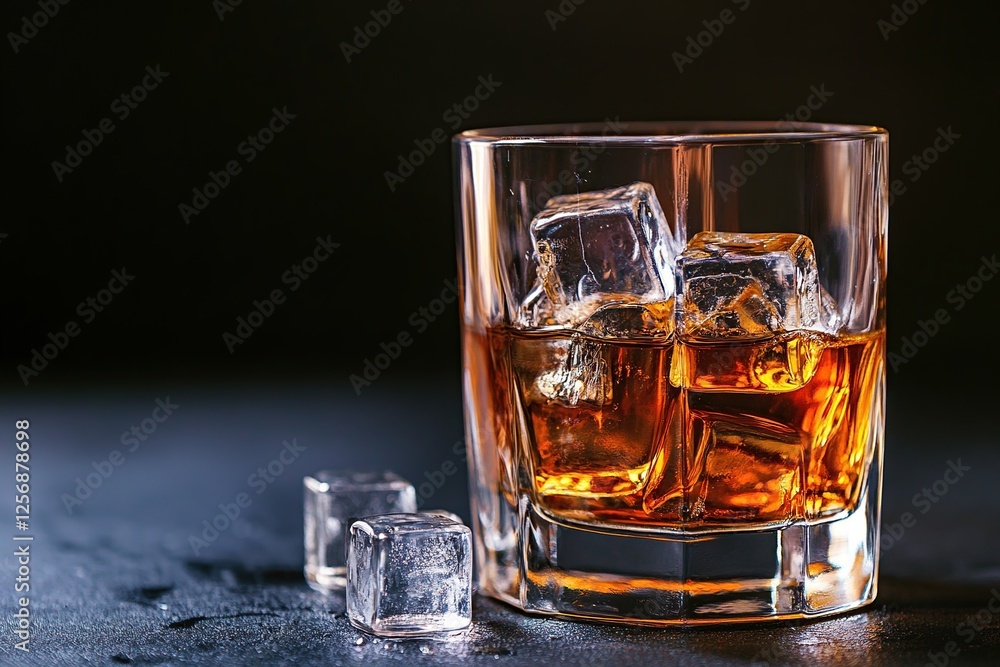 Whiskey Drink with Ice Cubes in Glass, Refreshing Beverage, Golden Brown Alcohol, Chilled Distillery Spirit, Crystal Clear Ice, Elegant Rocks Glass Whiskey Drink with Ice Cubes in Glass, Refreshing Beverage, Golden Brown Alcohol, Chilled Distillery Spirit, Crystal Clear Ice, Elegant Rocks Glass