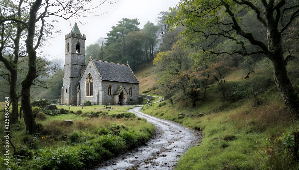 Dilapidated Old Stone Church in a Forest Setting with a Winding Road Pathway Amidst Greenery and a Dramatic Cloudy Sky Dilapidated Old Stone Church in a Forest Setting with a Winding Road Pathway Amidst Greenery and a Dramatic Cloudy Sky