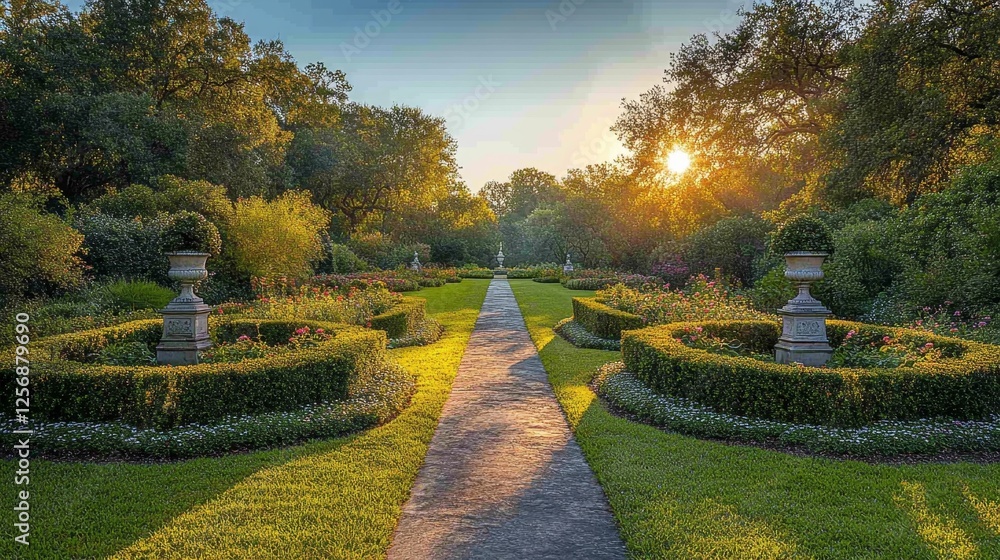 Fototapeta premium Beautiful Pathway in a Tranquil Garden Surrounded by Greenery at Sunset. Generative AI