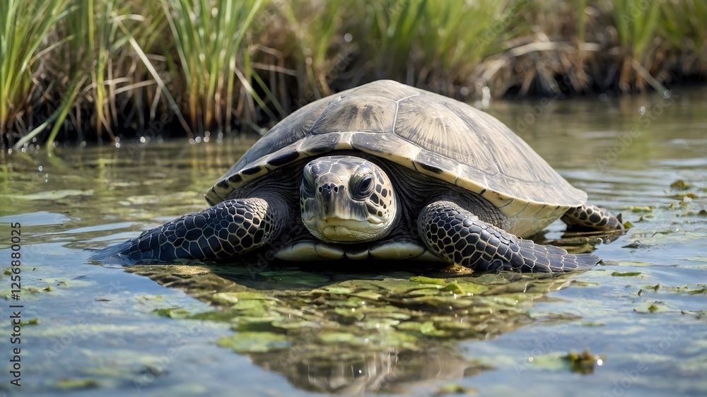 Fototapeta premium Aquatic Abundance: A Kemp's Ridley Turtle Amongst Seagrass Delicacies
