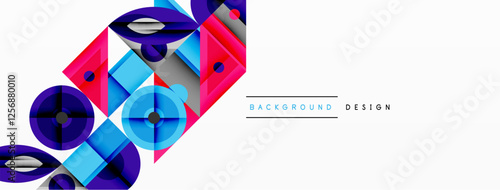 Geometric abstract composition with intersecting shapes, circles, triangles, and gradients, blending vibrant colors and dynamic contrasts to create a modern, futuristic visual design