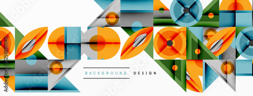 Geometric abstract composition with intersecting shapes, circles, triangles, and gradients, blending vibrant colors and dynamic contrasts to create a modern, futuristic visual design