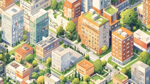 Isometric Cityscape With Buildings And Green Spaces