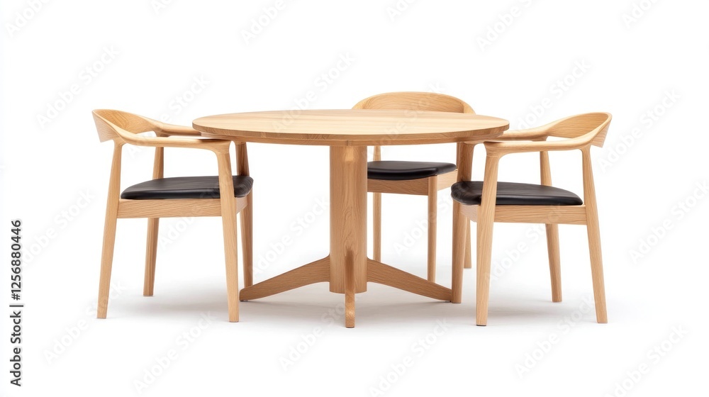 Round wooden dining table with four chairs, white background, home decor Round wooden dining table with four chairs, white background, home decor
