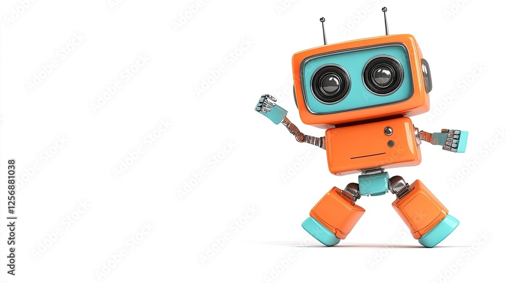 Playful retro robot character with vibrant colors dancing against a white background Playful retro robot character with vibrant colors dancing against a white background