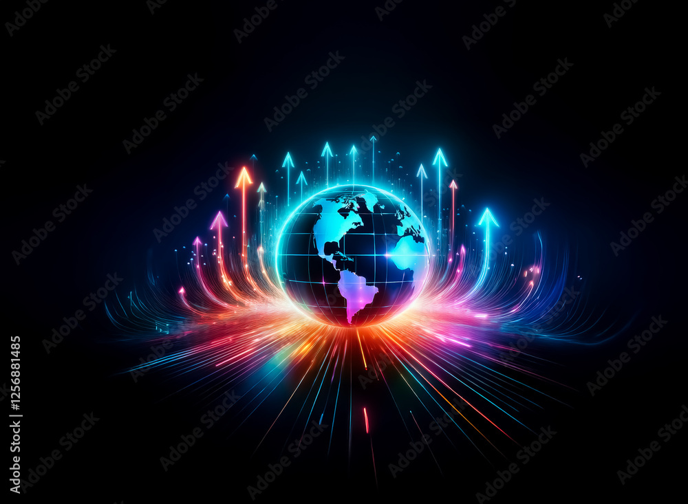 Vibrant digital globe emitting radiant light with arrows shooting upwards against a dark backdrop, symbolizing growth and global connection. Vibrant digital globe emitting radiant light with arrows shooting upwards against a dark backdrop, symbolizing growth and global connection.
