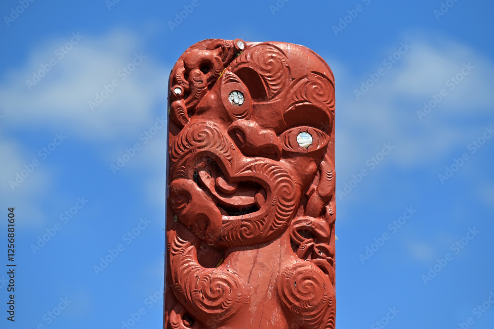 Maori decoration on the roof of Te Korowai ō Maikuku waka house on the Waitangi Treaty Grounds
