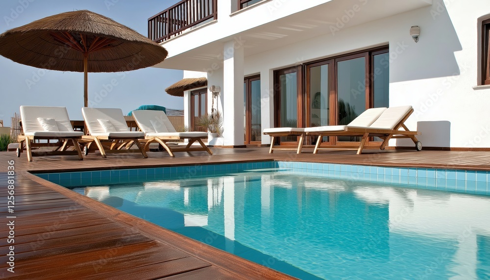 Fototapeta premium Luxury Villa Poolside Relaxation Modern Home with Swimming Pool