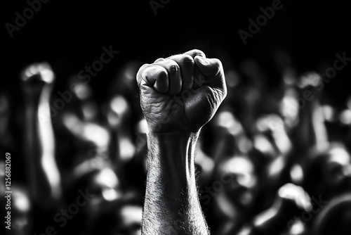 Protest activists. Crowd with raising fists at city street. Group of aggressive people protesting for human rights. Angry people make revolution. photo