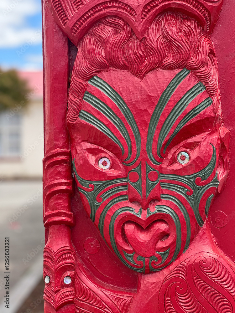 Maori decoration on the rwall of Te Tiriti O Waitangi Marae in the Bay of Island