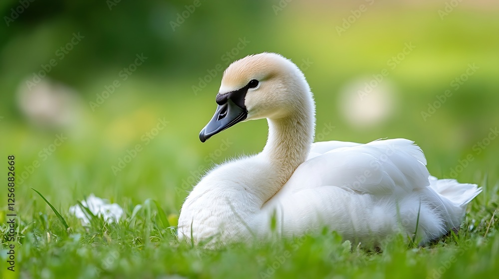 Cute swan resting peacefully on green grass under soft light in a natural setting : Generative AI Cute swan resting peacefully on green grass under soft light in a natural setting : Generative AI