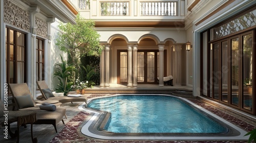 Wallpaper Mural A luxurious villa with a pool deck featuring patterned, painted tiles. Torontodigital.ca