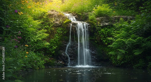 A small waterfall cascades over rocks into a pond, surrounded by lush ferns and flowers.