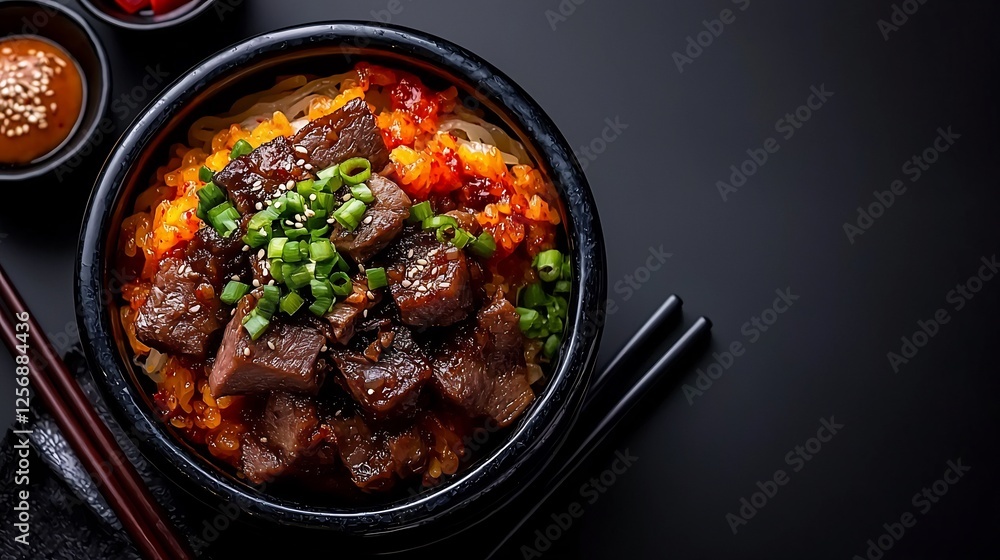 Delicious Japanese Beef Rice Bowl with Chopsticks and Various Sauces Delicious Japanese Beef Rice Bowl with Chopsticks and Various Sauces